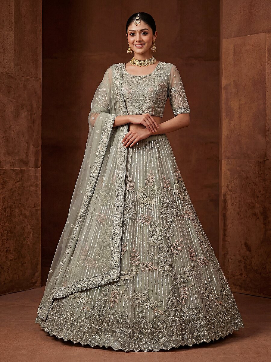 Mint Net Embroidery Sequins Wedding Reception Party Festival Heavy Border Lehenga Choli