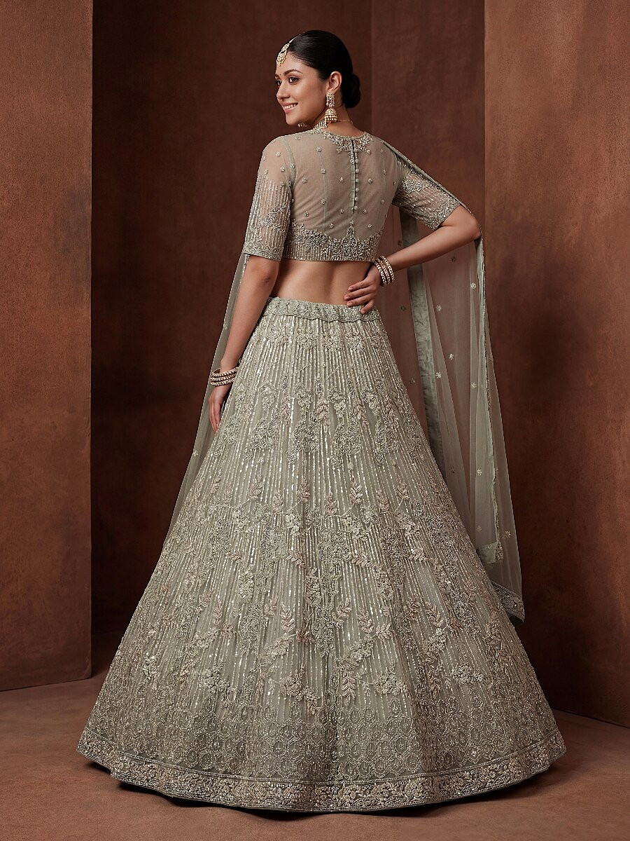 Mint Net Embroidery Sequins Wedding Reception Party Festival Heavy Border Lehenga Choli