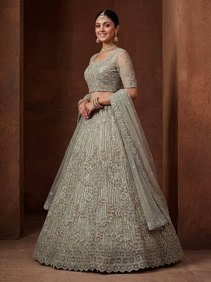 Mint Net Embroidery Sequins Wedding Reception Party Festival Heavy Border Lehenga Choli
