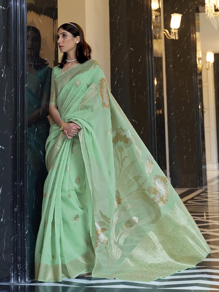 Mint Pure Linen Handwoven Wedding Festival Heavy Border Saree