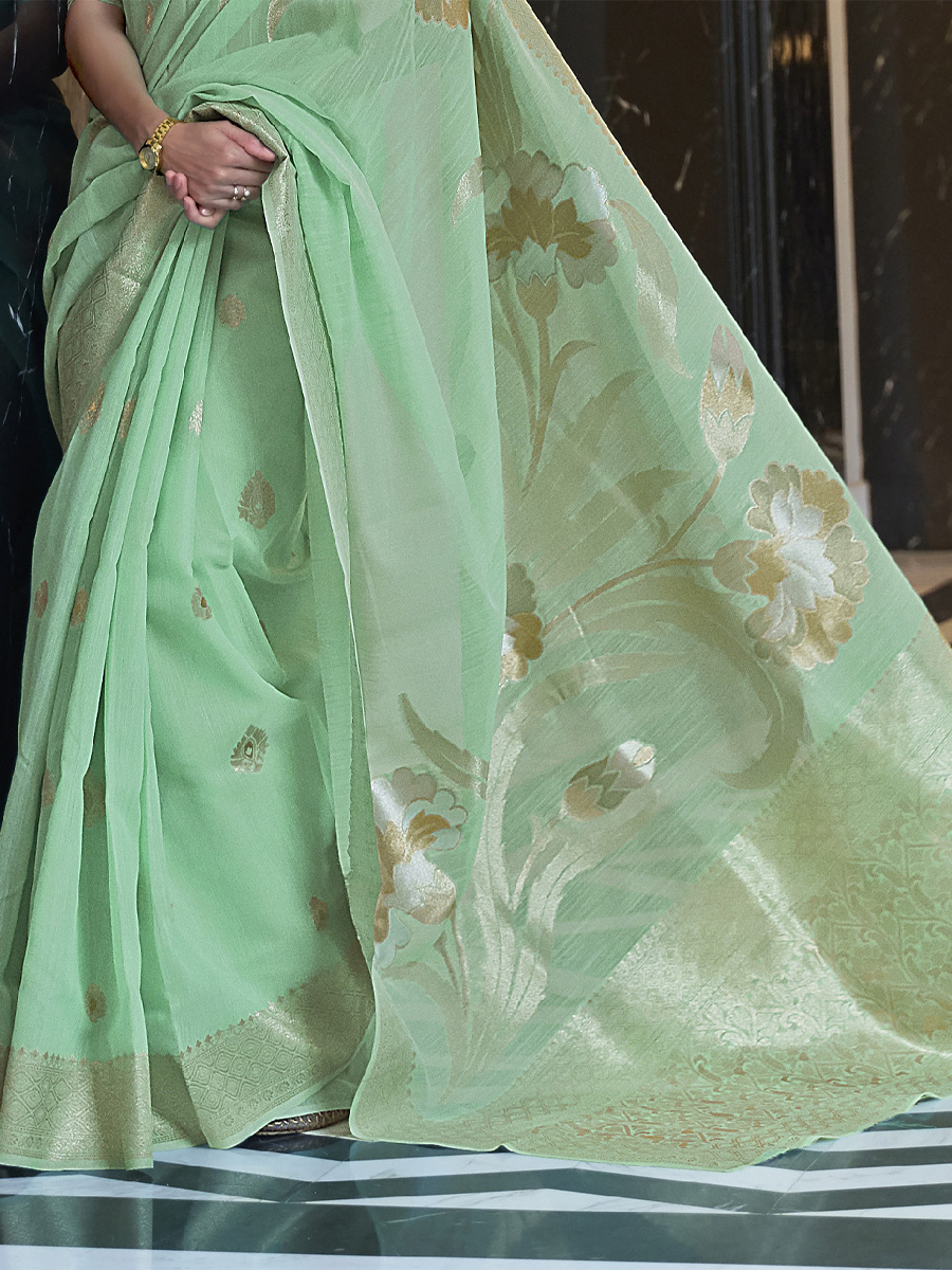 Mint Pure Linen Handwoven Wedding Festival Heavy Border Saree