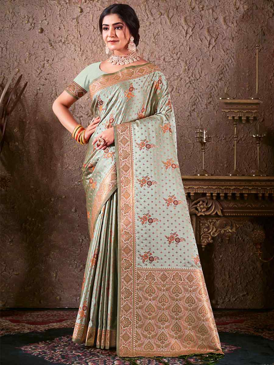 Mint Silk Handwoven Wedding Festival Heavy Border Saree