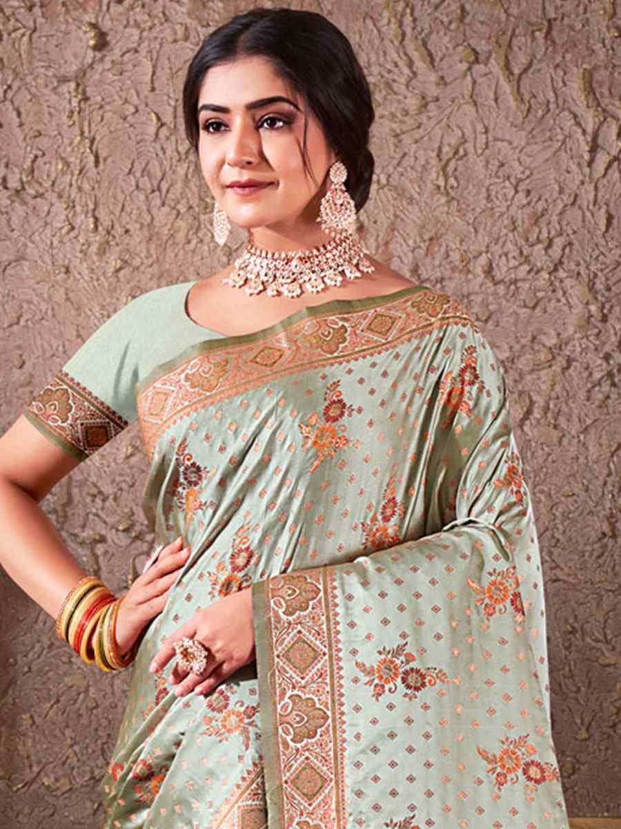 Mint Silk Handwoven Wedding Festival Heavy Border Saree
