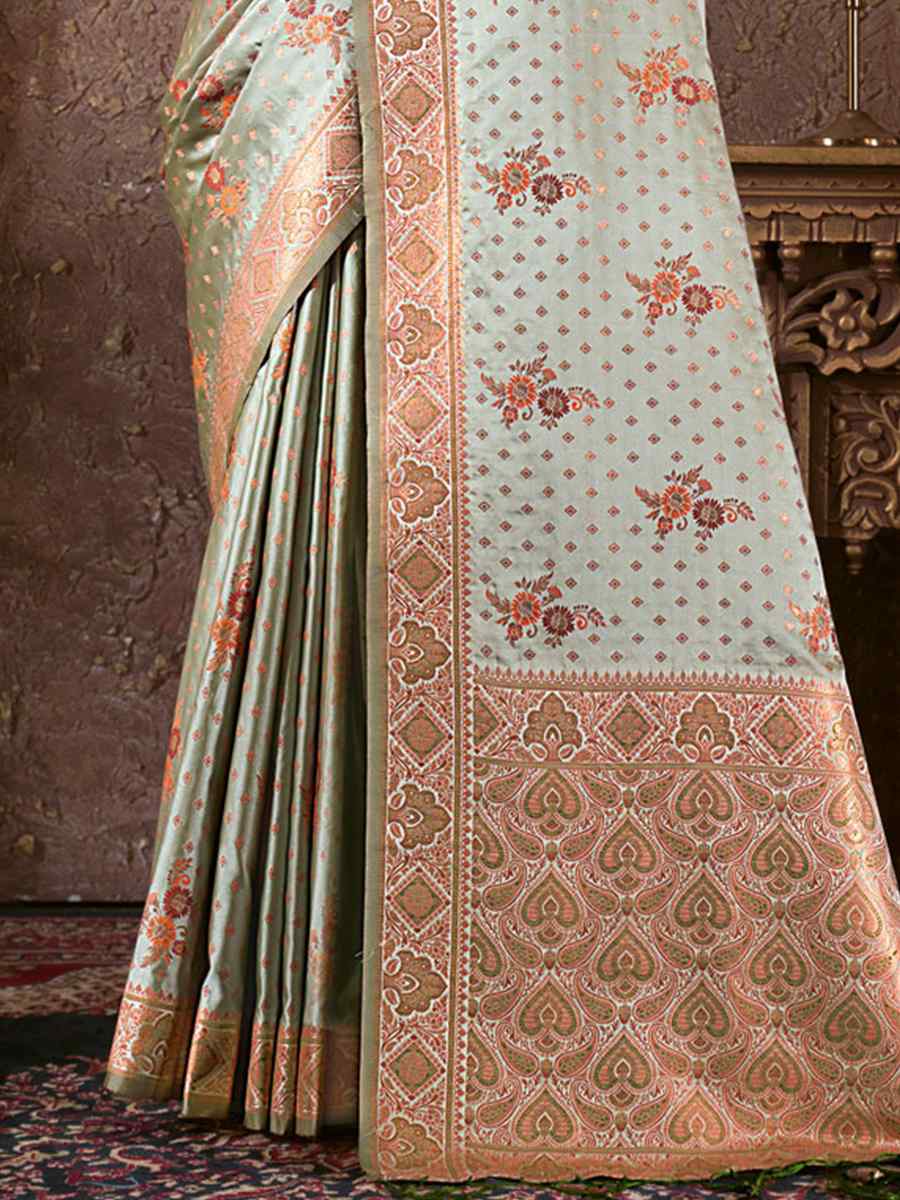 Mint Silk Handwoven Wedding Festival Heavy Border Saree