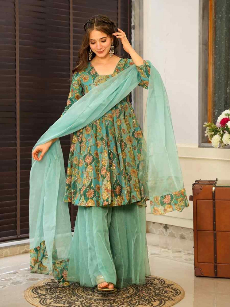 Image of Mint-Teal Green Silk Printed Party Wedding Festival Casual Ready Palazzo Pant Salwar Kameez