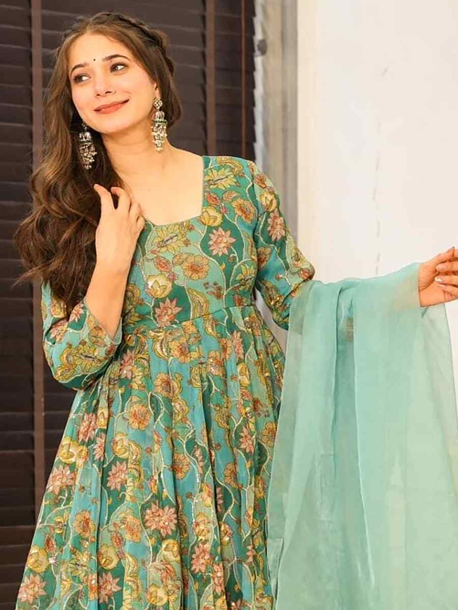 Mint-Teal Green Silk Printed Party Wedding Festival Casual Ready Palazzo Pant Salwar Kameez