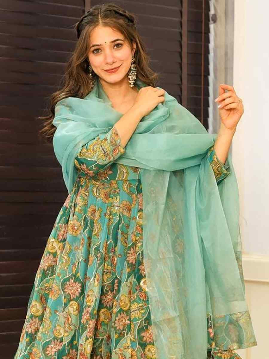 Mint-Teal Green Silk Printed Party Wedding Festival Casual Ready Palazzo Pant Salwar Kameez
