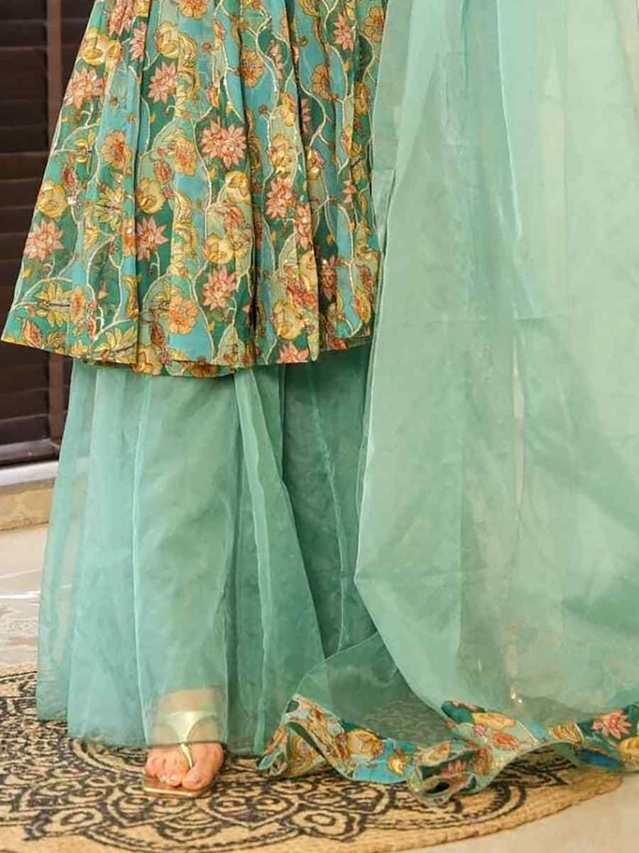 Mint-Teal Green Silk Printed Party Wedding Festival Casual Ready Palazzo Pant Salwar Kameez
