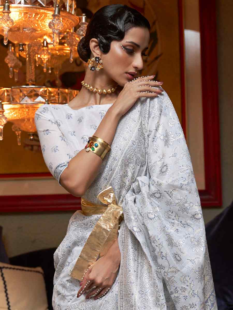 Mischka White Kashmiri Modal Silk Handwoven Wedding Festival Heavy Border Saree