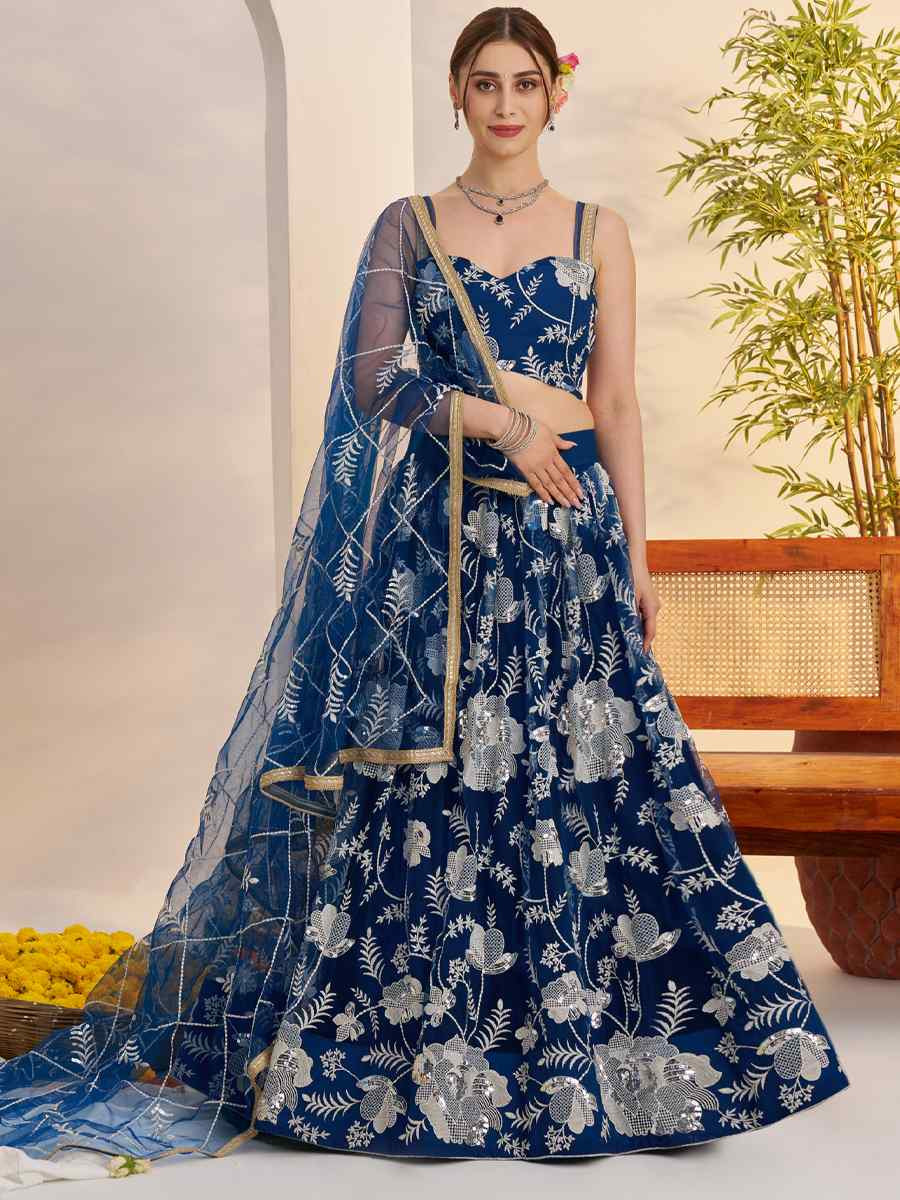 More Peach Blue Net Embroidered Wedding Reception Festival Heavy Border Lehenga Choli
