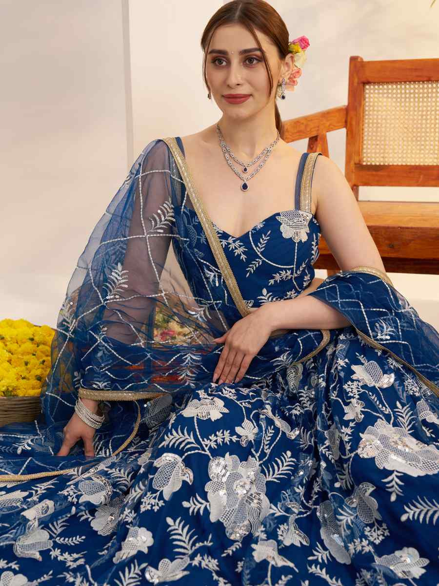 More Peach Blue Net Embroidered Wedding Reception Festival Heavy Border Lehenga Choli