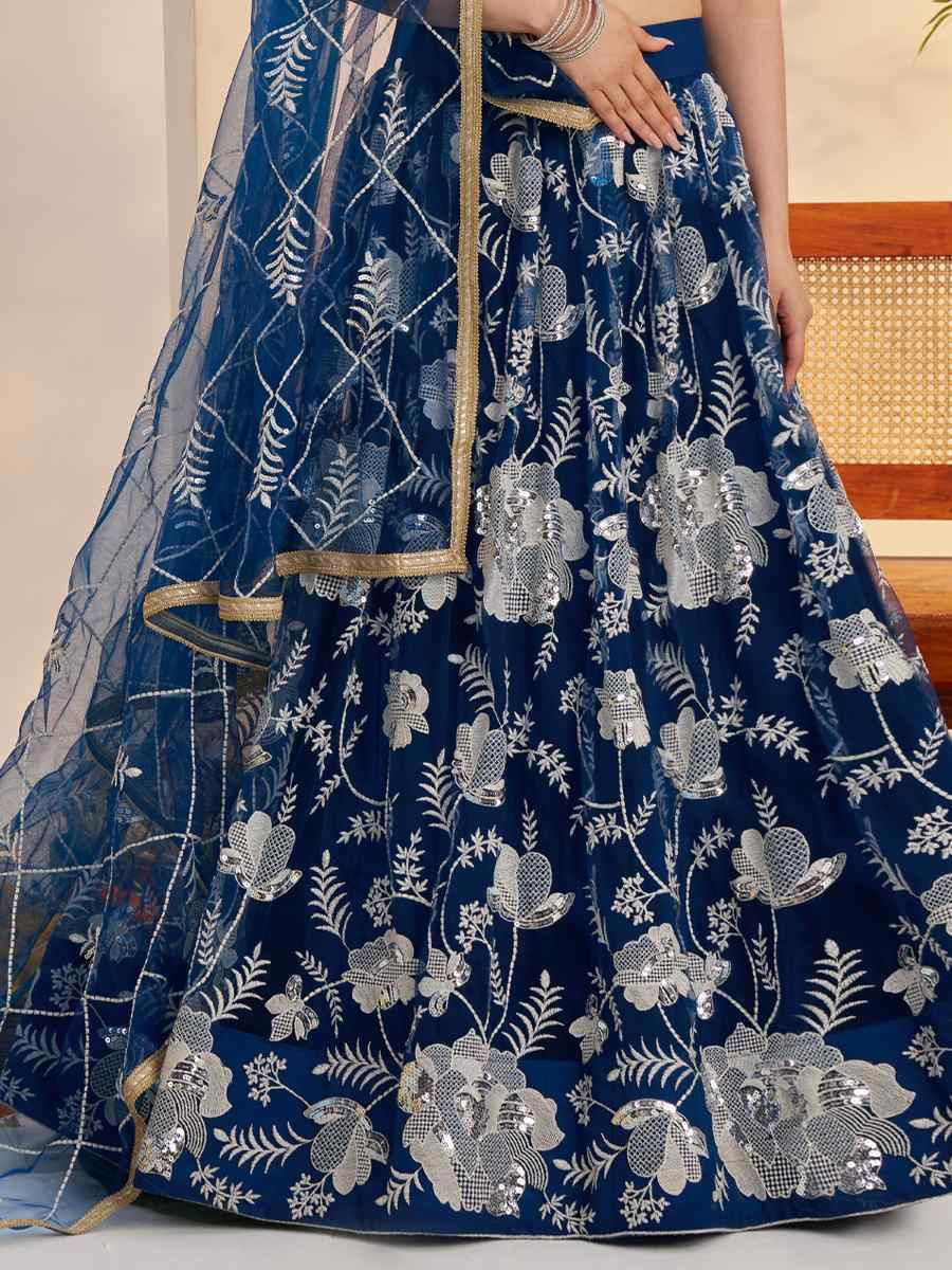 More Peach Blue Net Embroidered Wedding Reception Festival Heavy Border Lehenga Choli