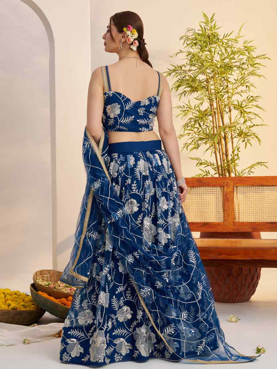 More Peach Blue Net Embroidered Wedding Reception Festival Heavy Border Lehenga Choli