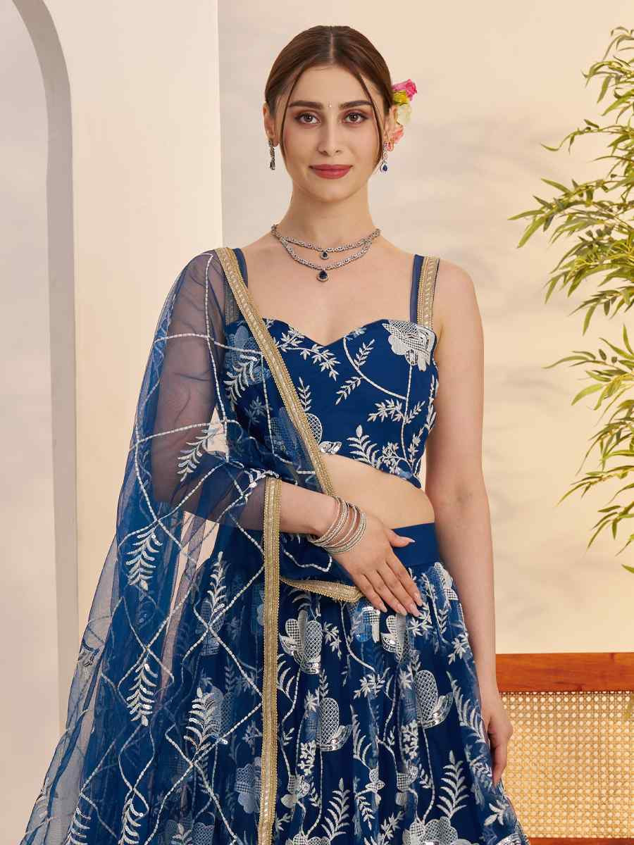 More Peach Blue Net Embroidered Wedding Reception Festival Heavy Border Lehenga Choli