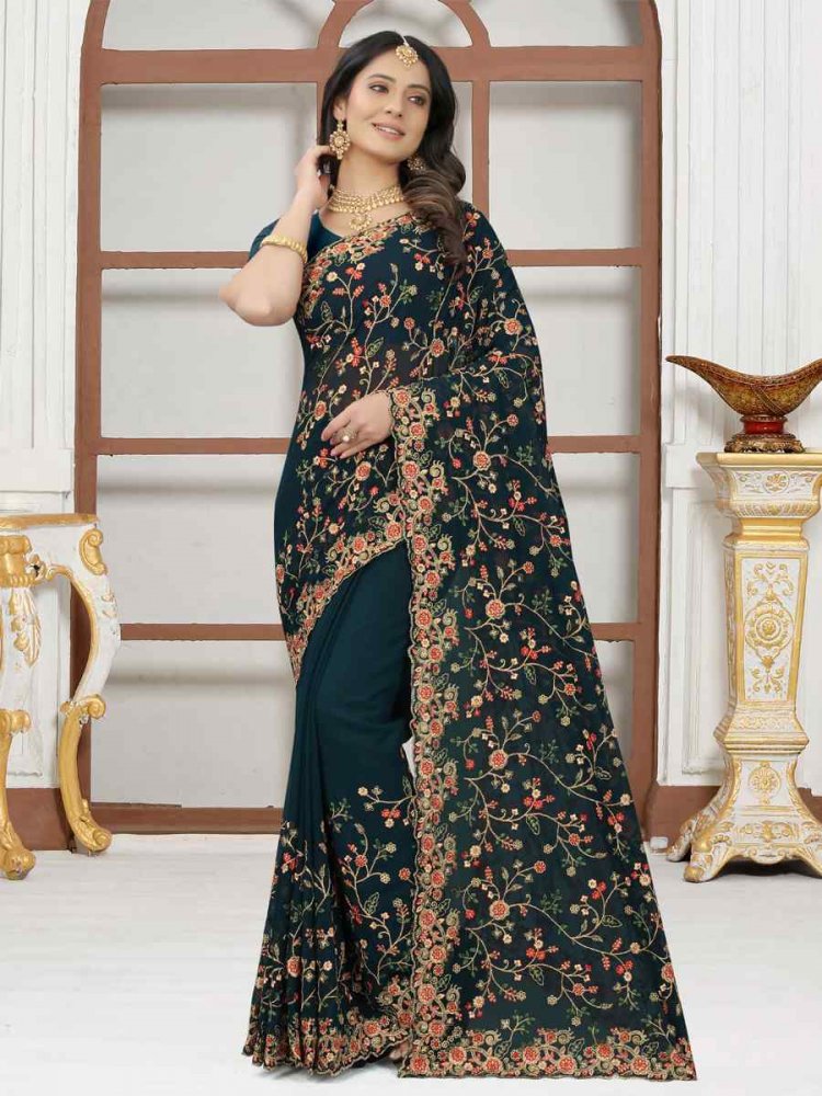 More Peach Georgette Embroidered Wedding Bridesmaid Heavy Border Saree