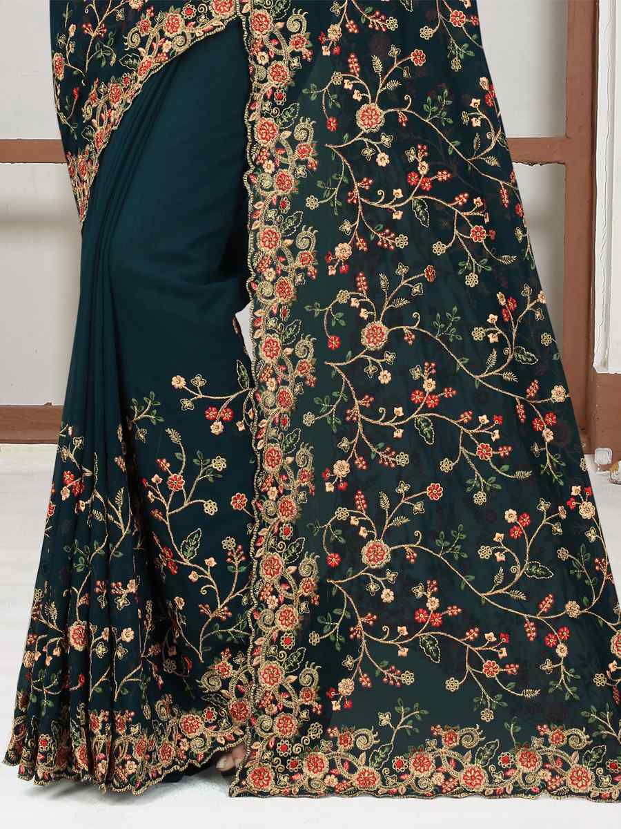More Peach Georgette Embroidered Wedding Bridesmaid Heavy Border Saree