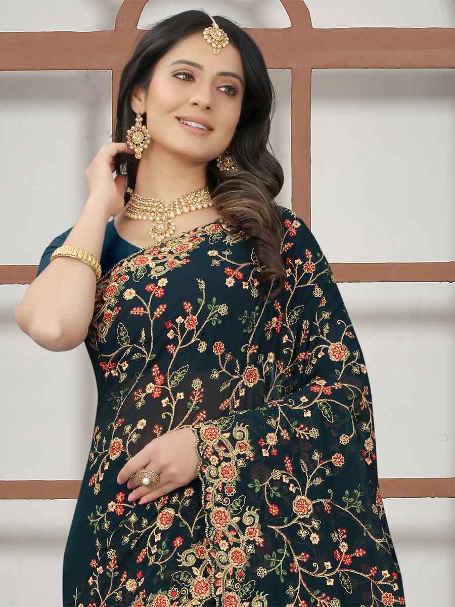 More Peach Georgette Embroidered Wedding Bridesmaid Heavy Border Saree