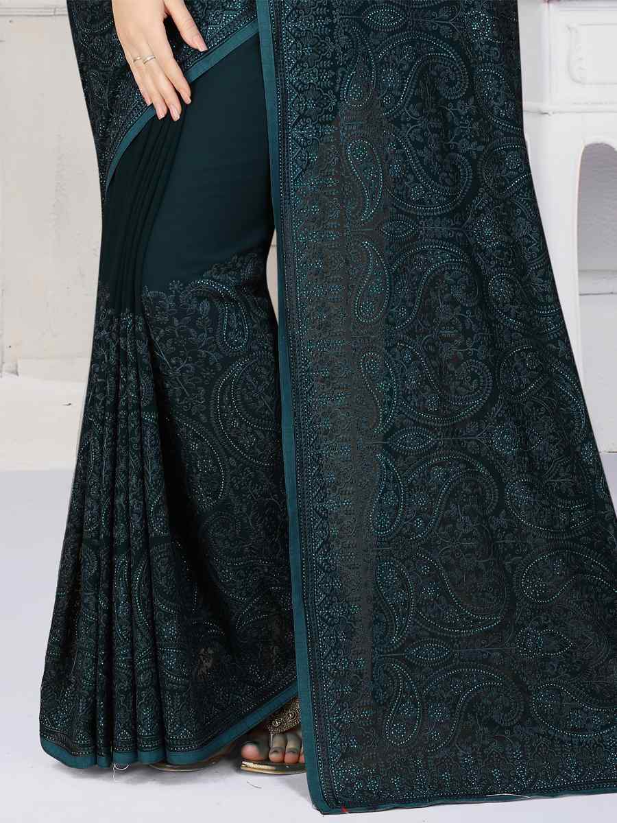 More Peach Georgette Embroidered Wedding Party Heavy Border Saree