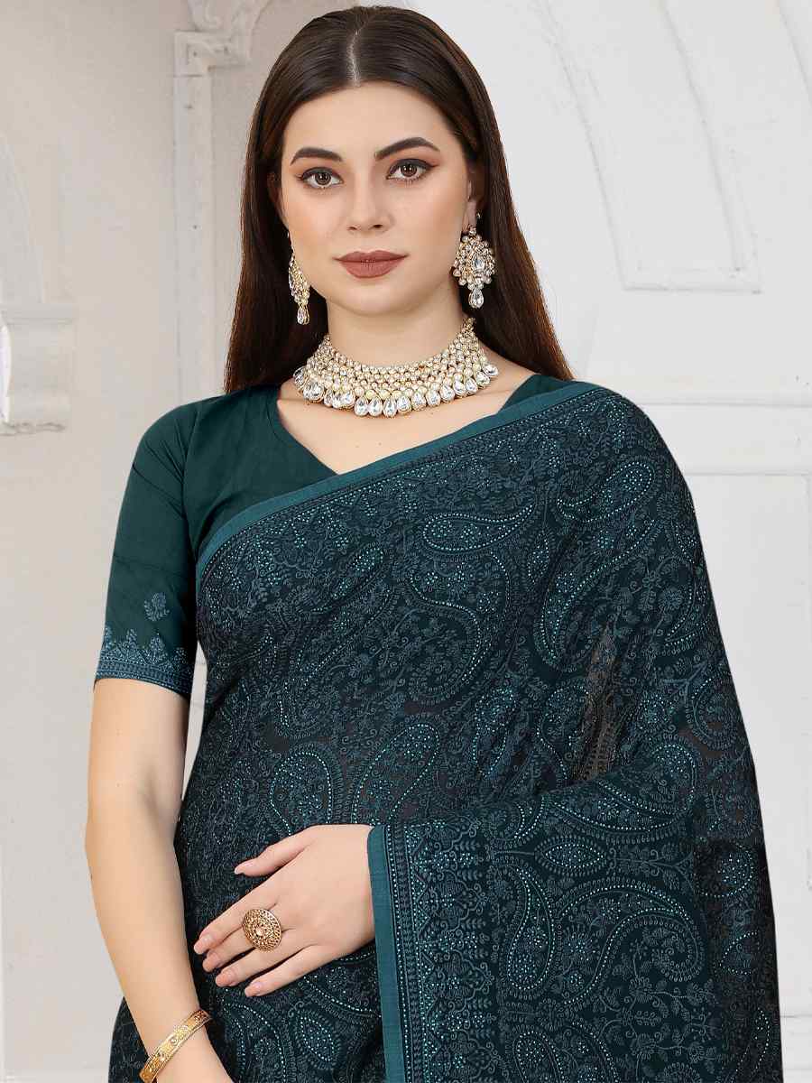 More Peach Georgette Embroidered Wedding Party Heavy Border Saree
