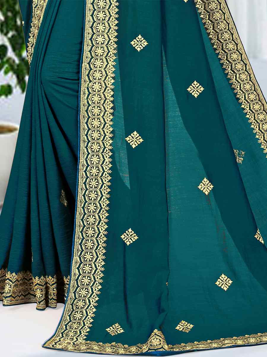 More Peach Heavy Vichitra Silk Embroidered Wedding Festival Heavy Border Saree