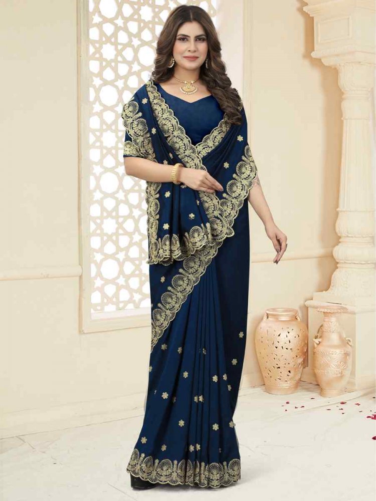 More Peach Heavy Vichitra Silk Embroidered Wedding Festival Heavy Border Saree