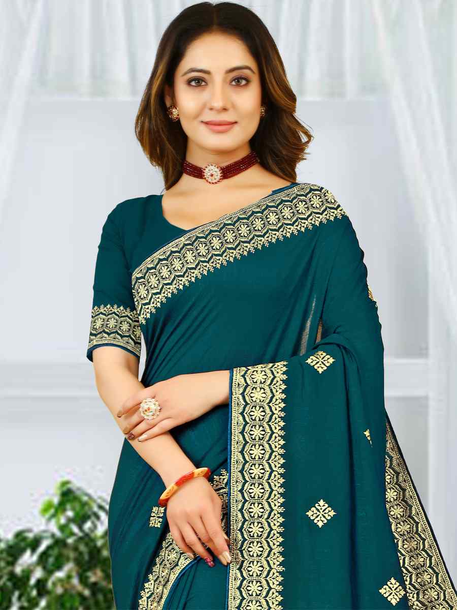 More Peach Heavy Vichitra Silk Embroidered Wedding Festival Heavy Border Saree