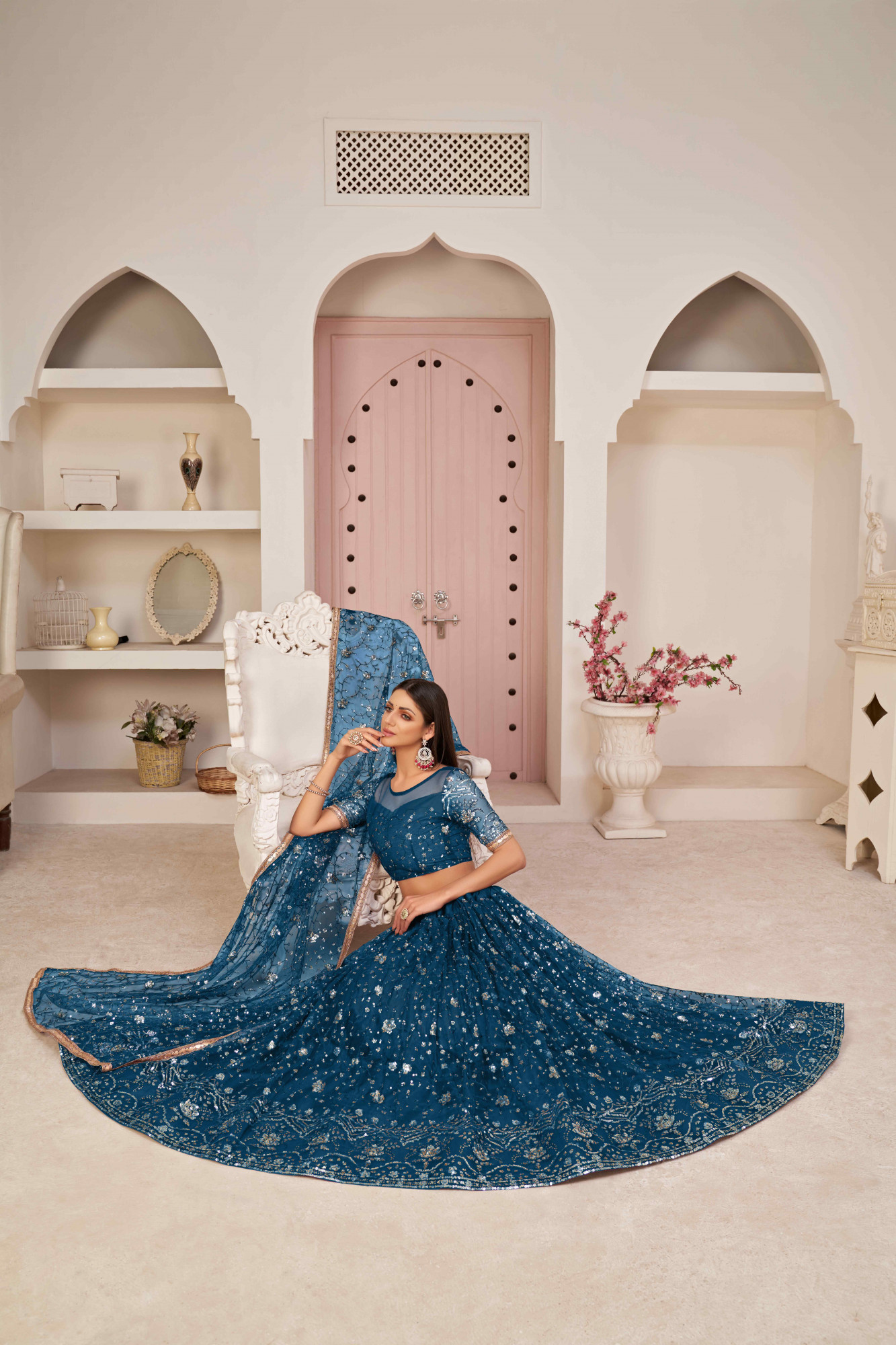 More Peach Net Embroidered Wedding Reception Festival Heavy Border Lehenga Choli