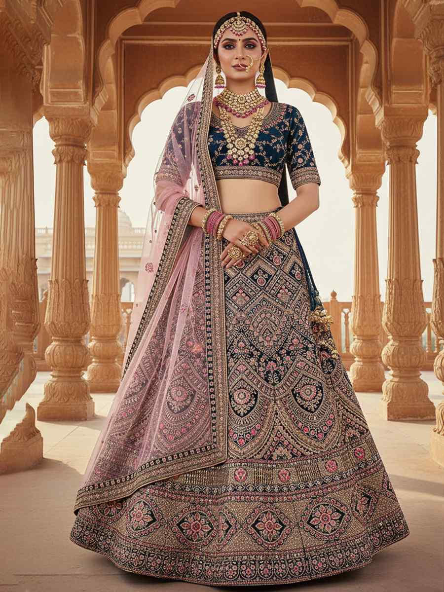 More Peach Velvet Embroidered Wedding Reception Festival Heavy Border Lehenga Choli