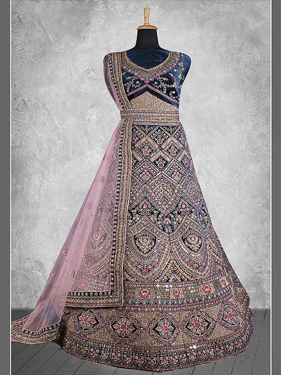 More Peach Velvet Embroidered Wedding Reception Festival Heavy Border Lehenga Choli