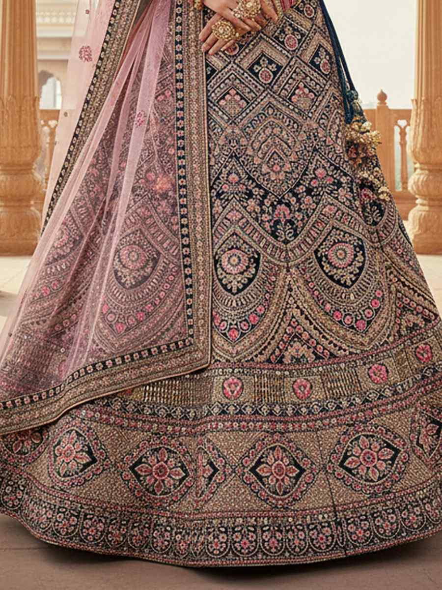 More Peach Velvet Embroidered Wedding Reception Festival Heavy Border Lehenga Choli