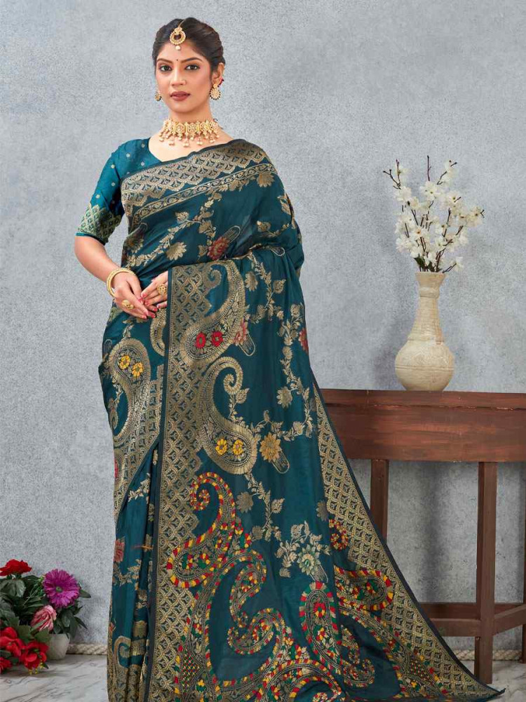 Image of Morpeach Banarasi Silk Handwoven Traditional Casual Reception Festival Wedding Fancy Heavy Border Saree