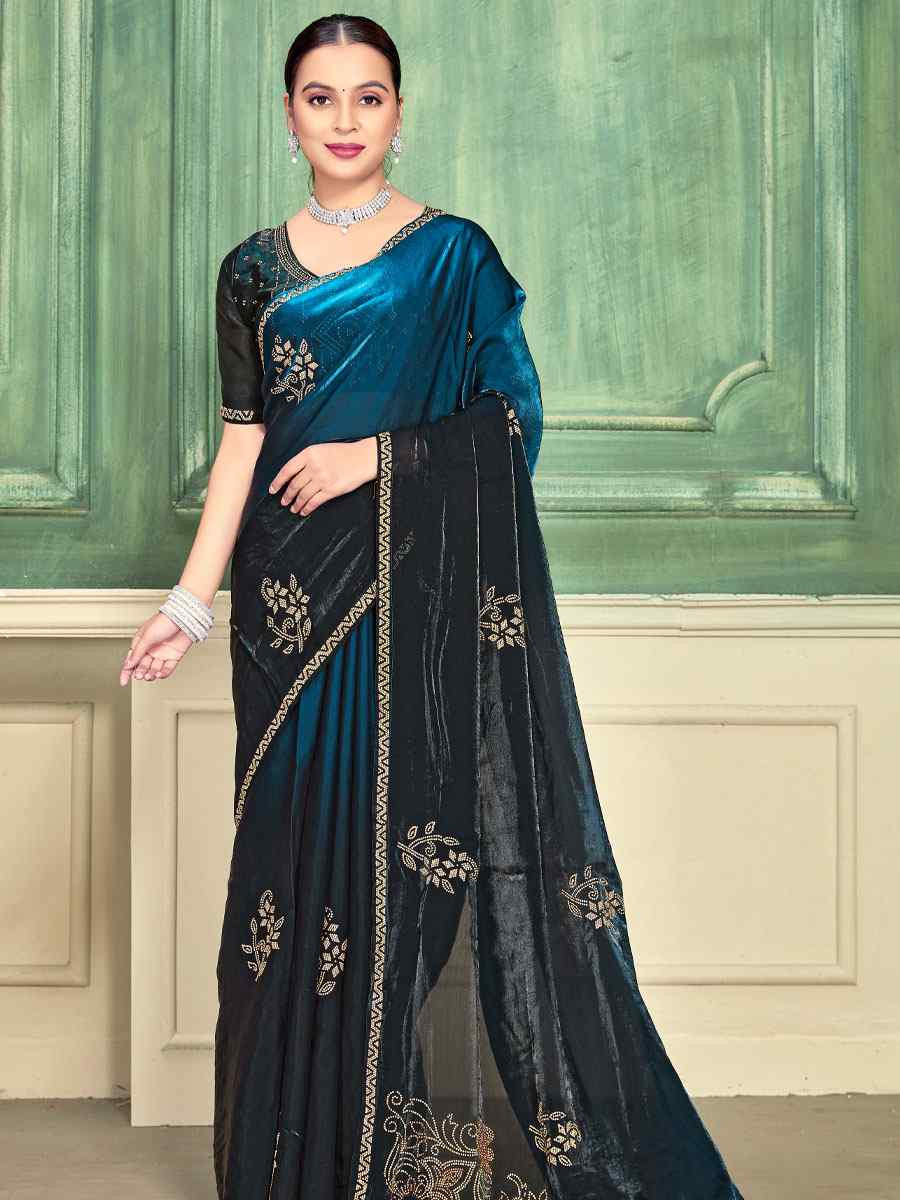 Morpeach Blue Fendi Satin Silk Embroidery Bridal Reception Festival Wedding Fancy Classic Heavy Border Saree