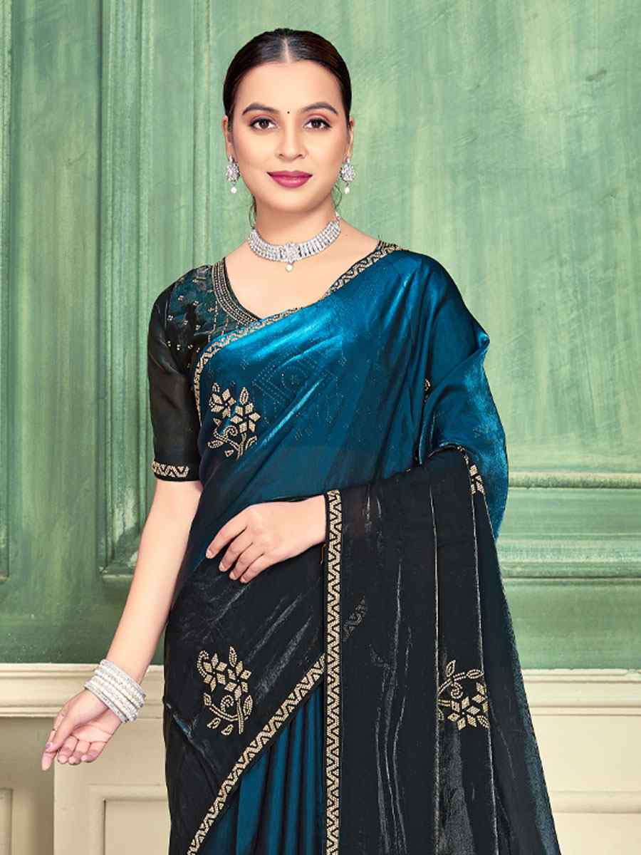 Morpeach Blue Fendi Satin Silk Embroidery Bridal Reception Festival Wedding Fancy Classic Heavy Border Saree