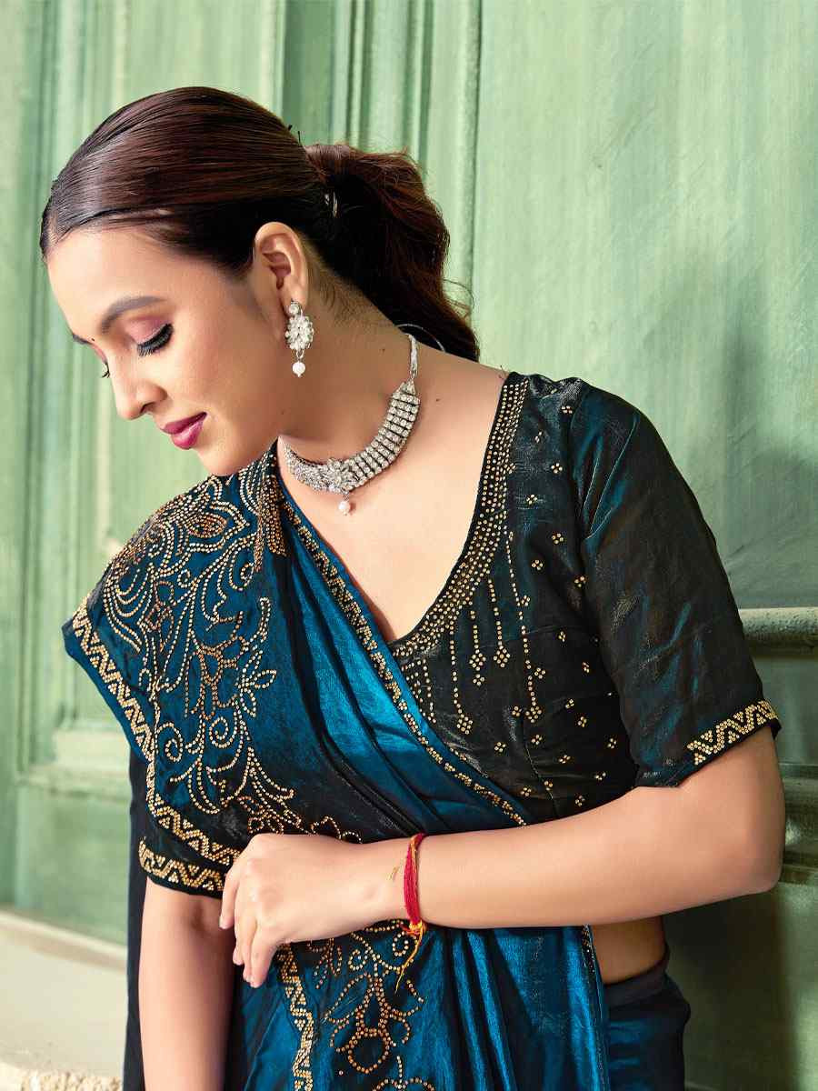 Morpeach Blue Fendi Satin Silk Embroidery Bridal Reception Festival Wedding Fancy Classic Heavy Border Saree