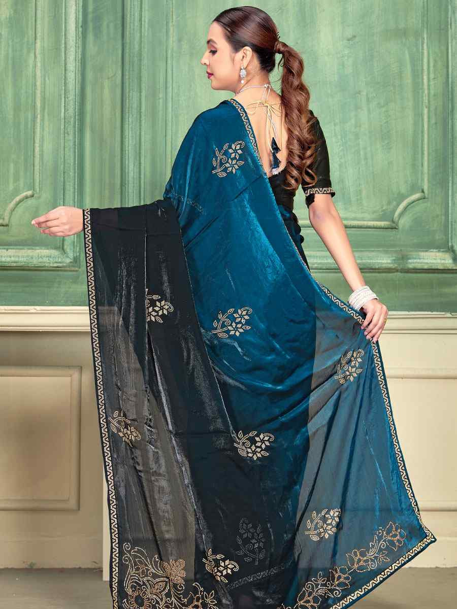 Morpeach Blue Fendi Satin Silk Embroidery Bridal Reception Festival Wedding Fancy Classic Heavy Border Saree