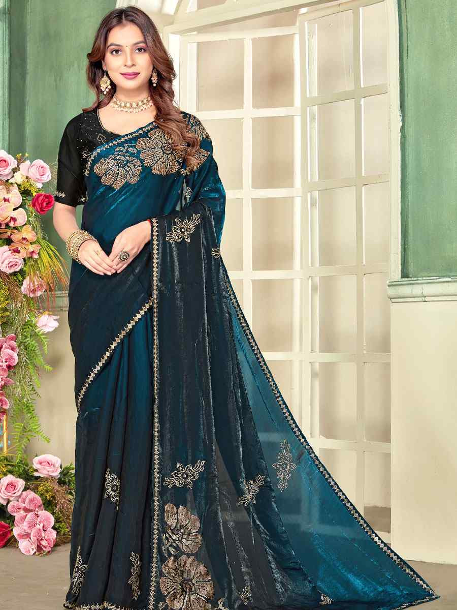 Morpeach Blue Fendi Satin Silk Zircon Hand Embroidery Bridal Reception Festival Wedding Fancy Heavy Border Sarees