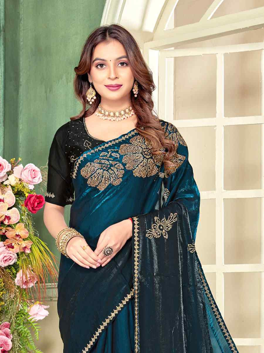 Morpeach Blue Fendi Satin Silk Zircon Hand Embroidery Bridal Reception Festival Wedding Fancy Heavy Border Sarees