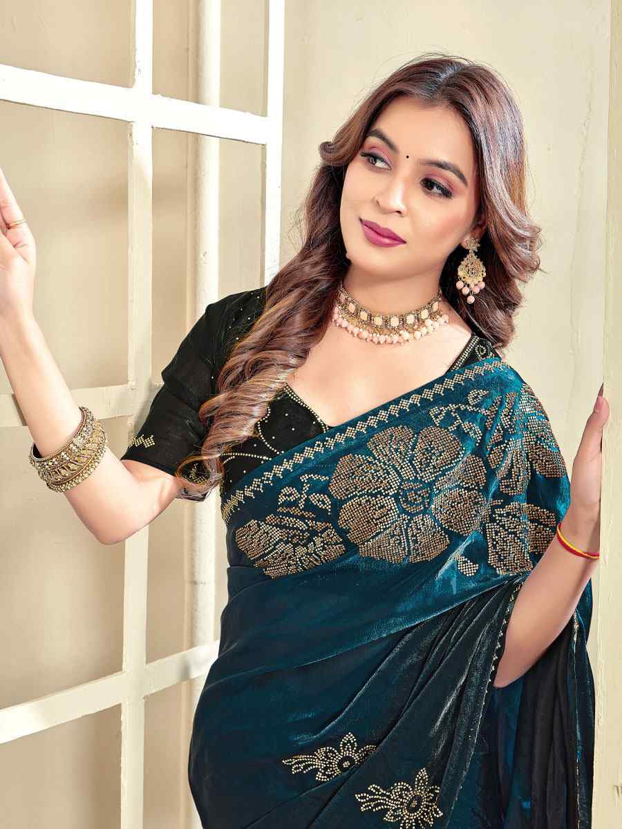 Morpeach Blue Fendi Satin Silk Zircon Hand Embroidery Bridal Reception Festival Wedding Fancy Heavy Border Sarees