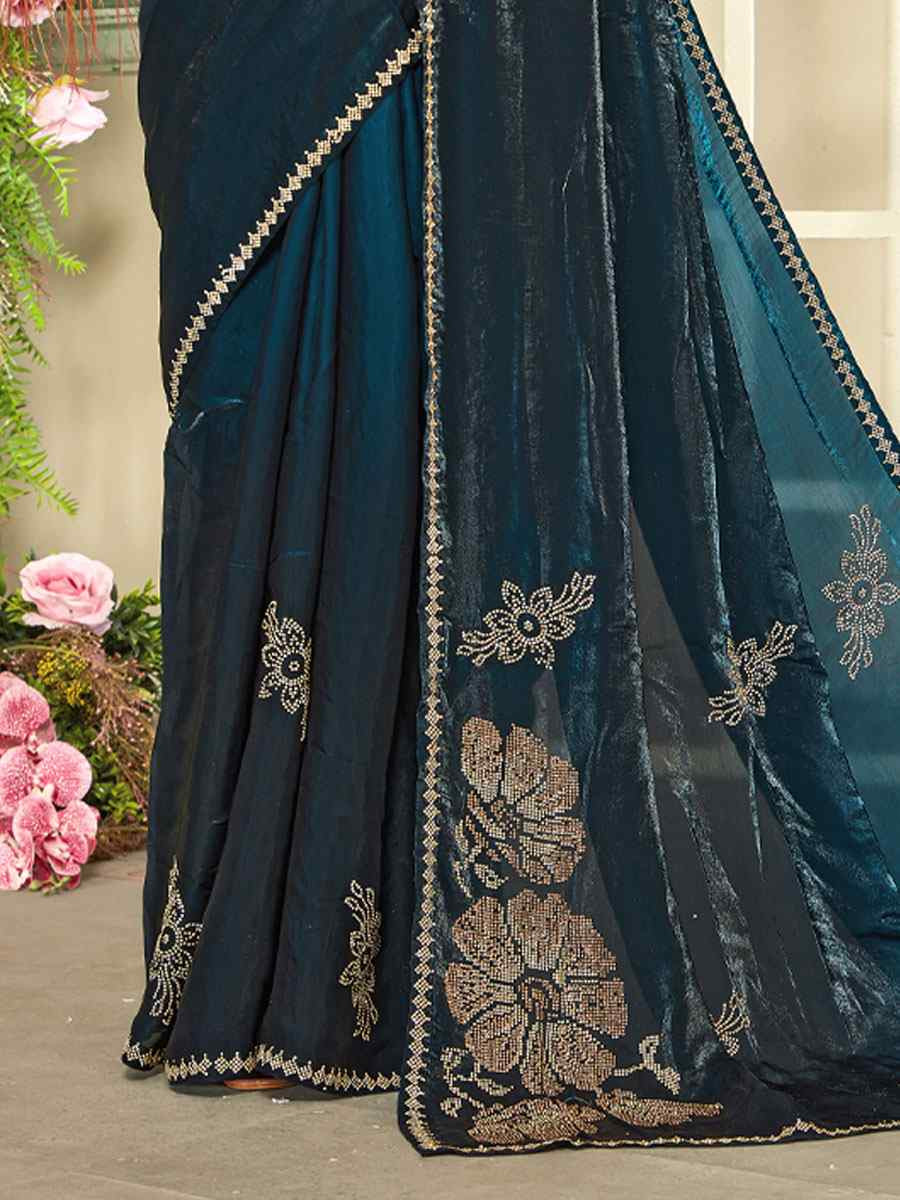Morpeach Blue Fendi Satin Silk Zircon Hand Embroidery Bridal Reception Festival Wedding Fancy Heavy Border Sarees