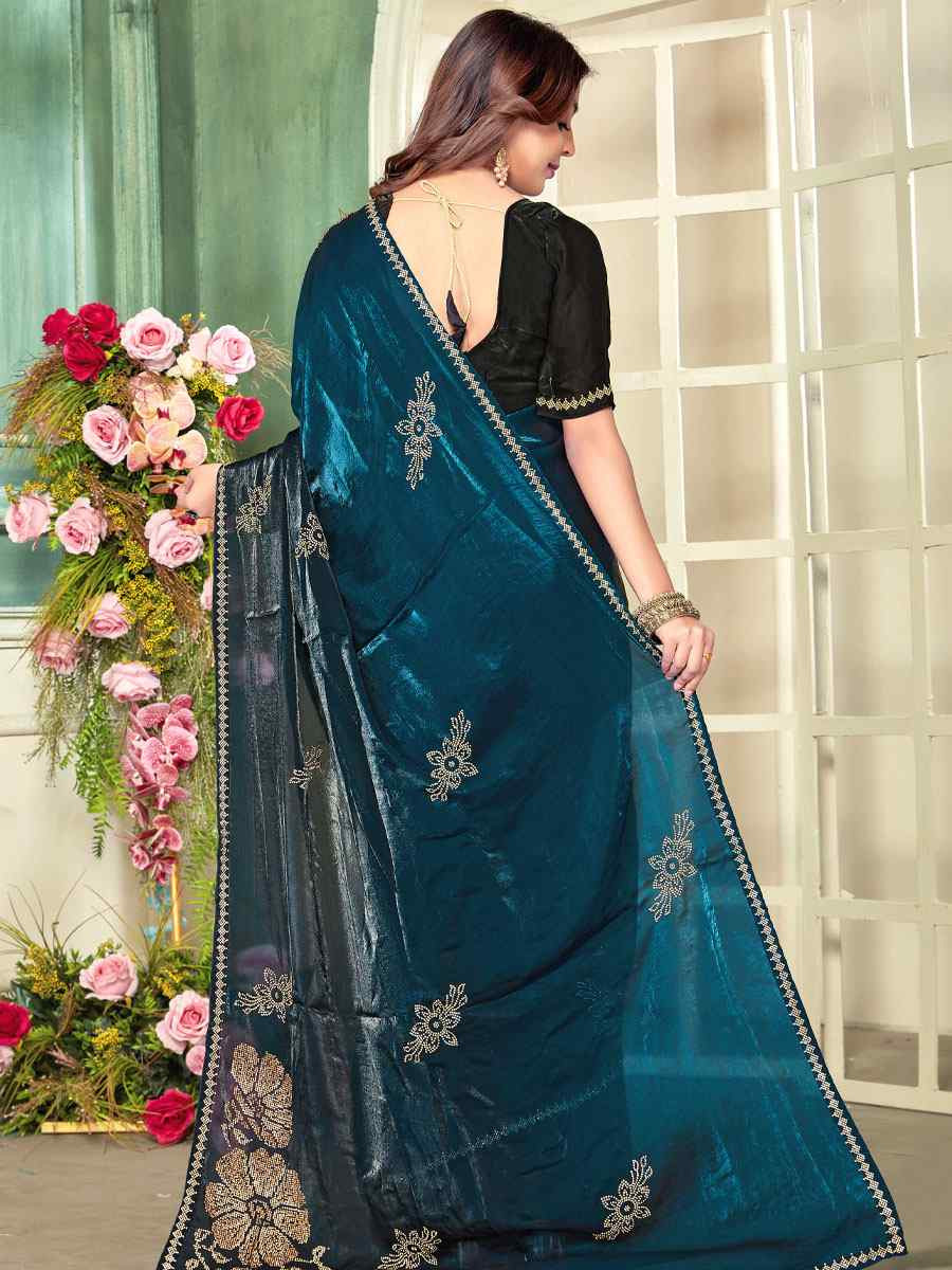 Morpeach Blue Fendi Satin Silk Zircon Hand Embroidery Bridal Reception Festival Wedding Fancy Heavy Border Sarees