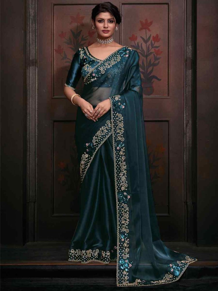 Morpeach Butterfly Silk Embroidered Party Reception Heavy Border Saree