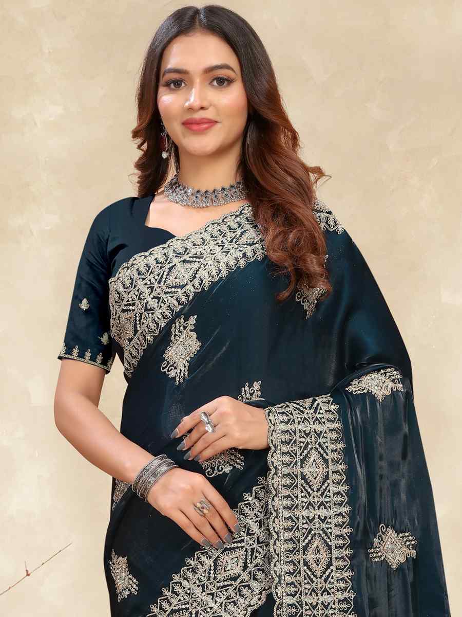 Morpeach Crepe Silk Embroidered Bridesmaid Wedding Heavy Border Saree