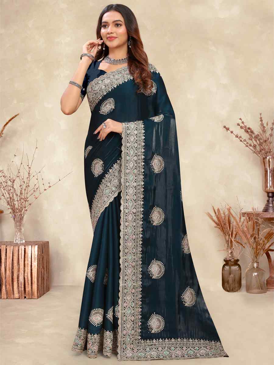 Morpeach Crepe Silk Embroidered Bridesmaid Wedding Heavy Border Saree