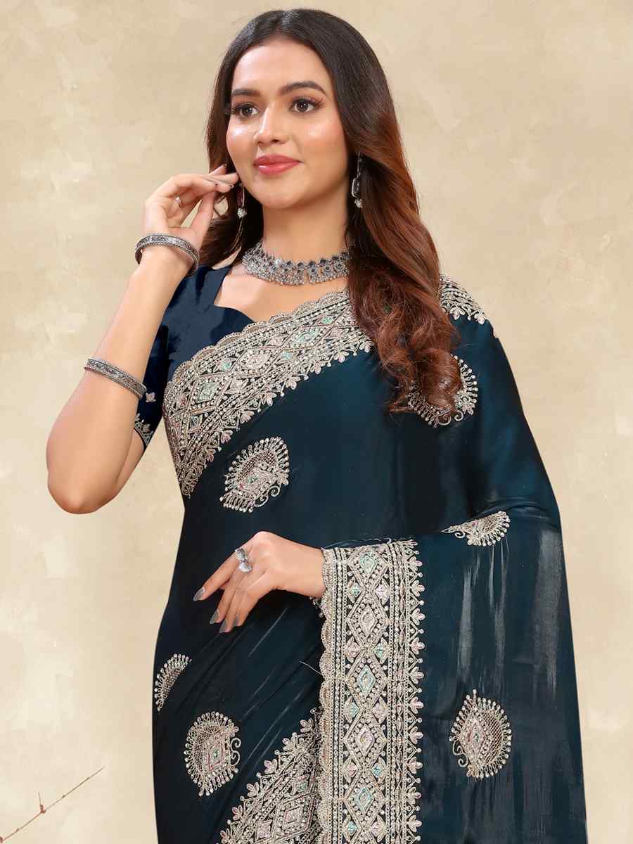 Morpeach Crepe Silk Embroidered Bridesmaid Wedding Heavy Border Saree