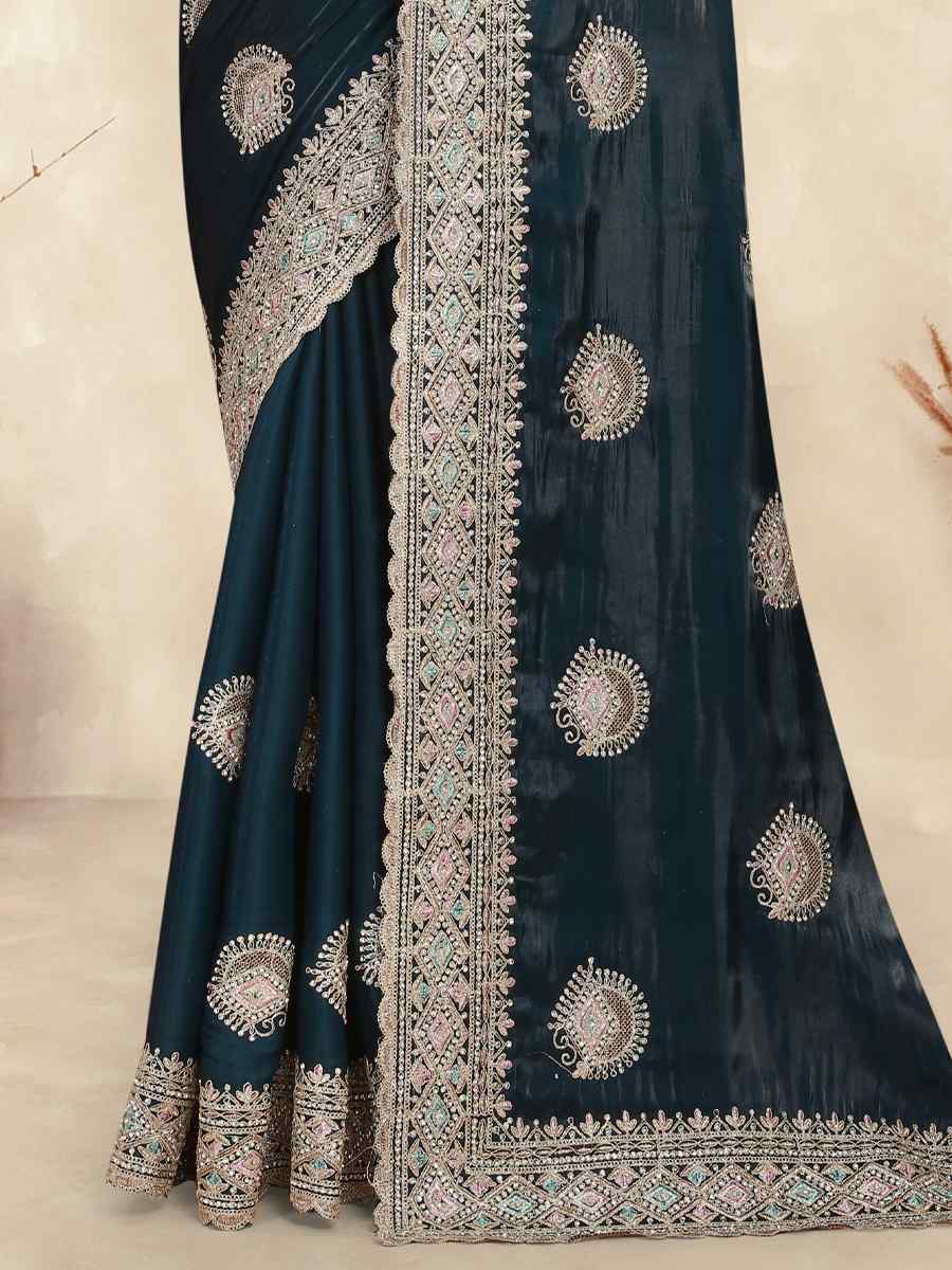 Morpeach Crepe Silk Embroidered Bridesmaid Wedding Heavy Border Saree