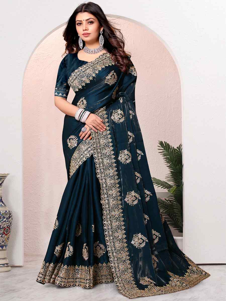 Morpeach Crepe Silk Embroidered Bridesmaid Wedding Heavy Border Saree