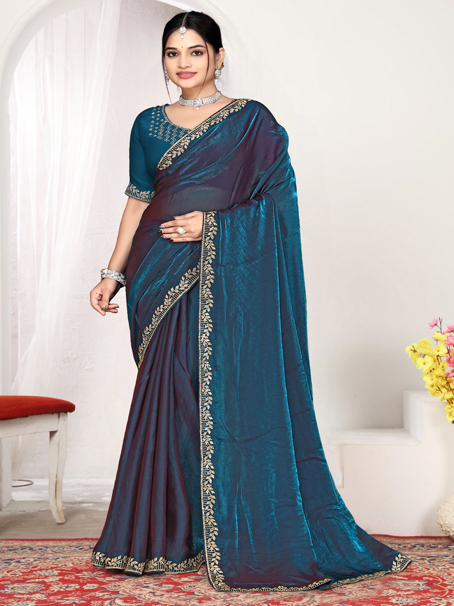 Morpeach Fendi satin silk Zircon Stone Embroidery Festival Wedding Fancy Classic Heavy Border Saree