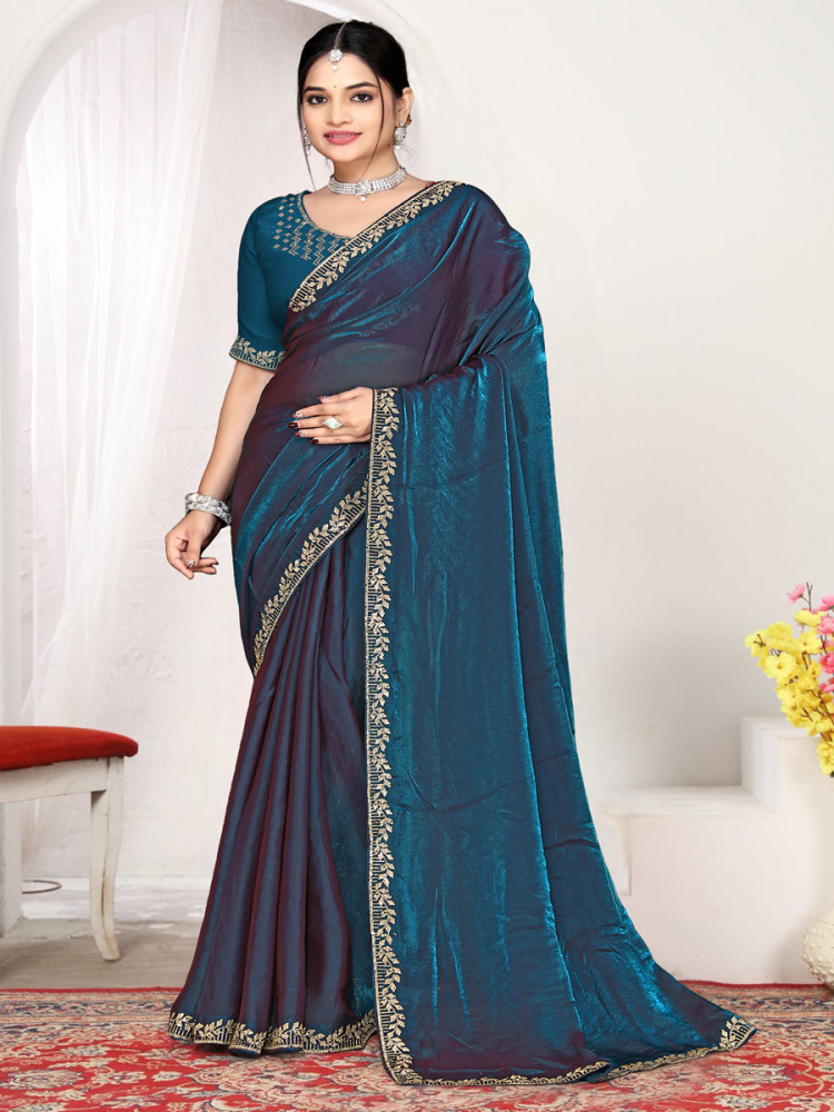 Image of Morpeach Fendi satin silk Zircon Stone Embroidery Festival Wedding Fancy Classic Heavy Border Saree