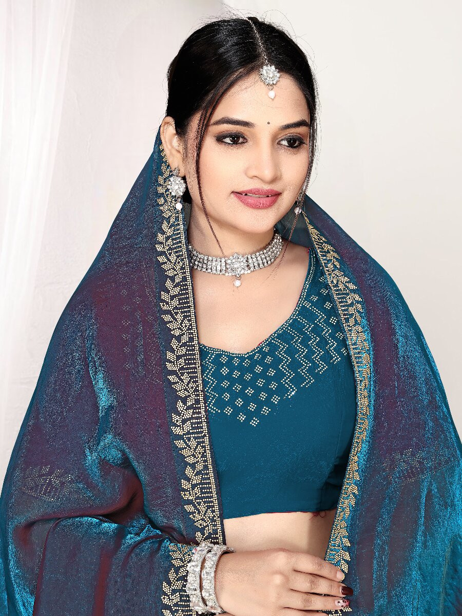 Morpeach Fendi satin silk Zircon Stone Embroidery Festival Wedding Fancy Classic Heavy Border Saree