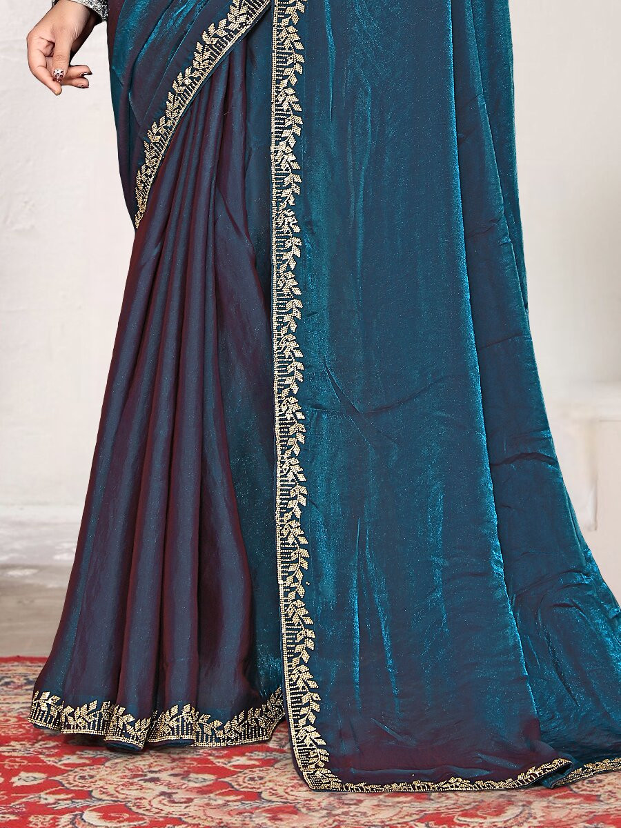 Morpeach Fendi satin silk Zircon Stone Embroidery Festival Wedding Fancy Classic Heavy Border Saree